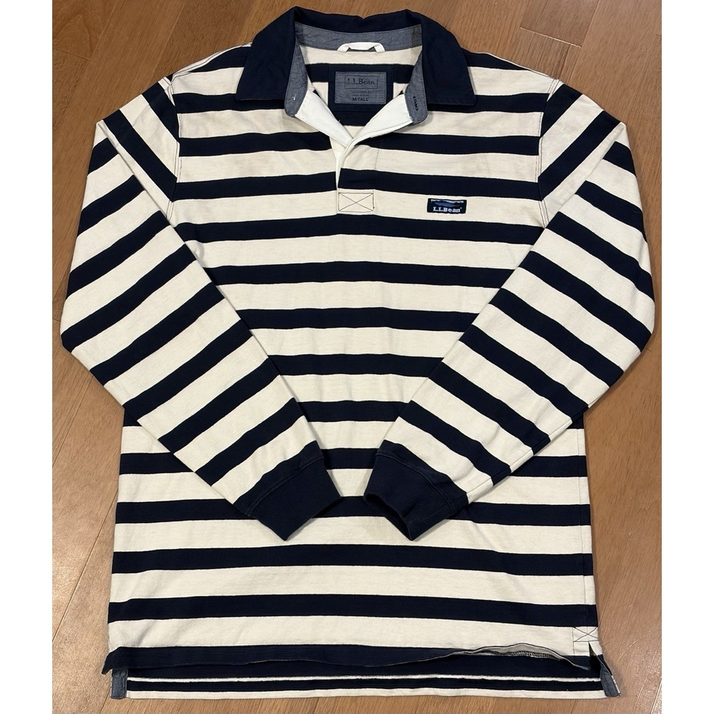 LL Bean Rugby Shirt Mens Medium Tall Navy Blue White Striped Logo Peru